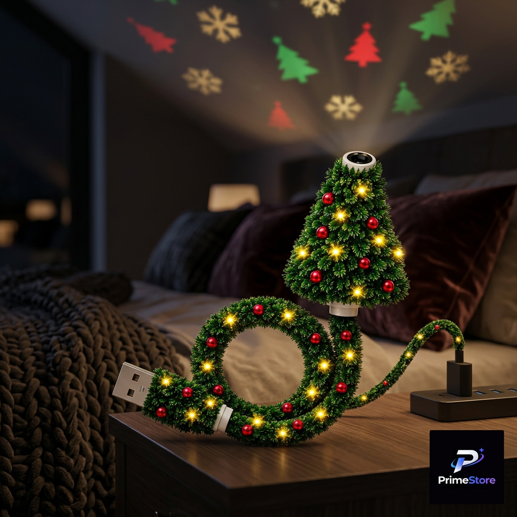 Proyector con luces navideñas en un dormitorio