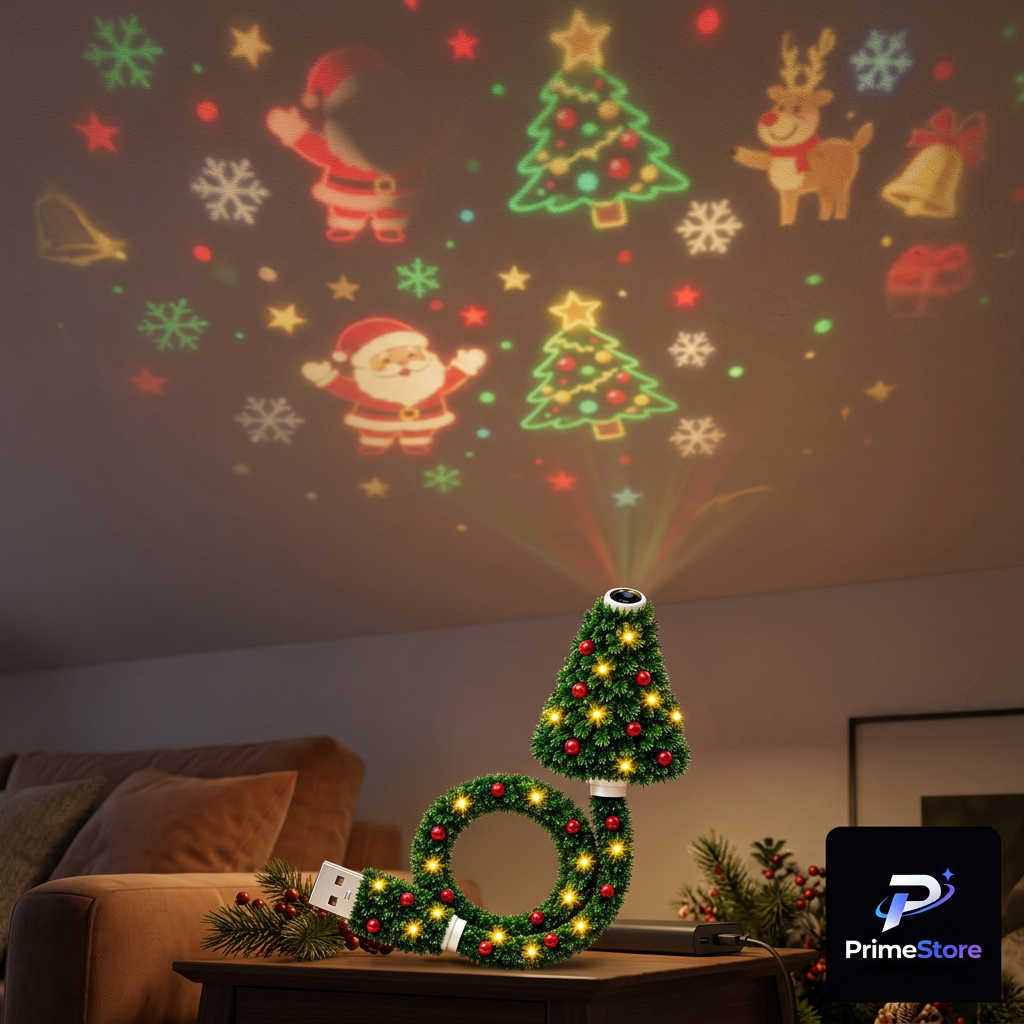 Vista del techo con luces navideñas y logo PrimeStore